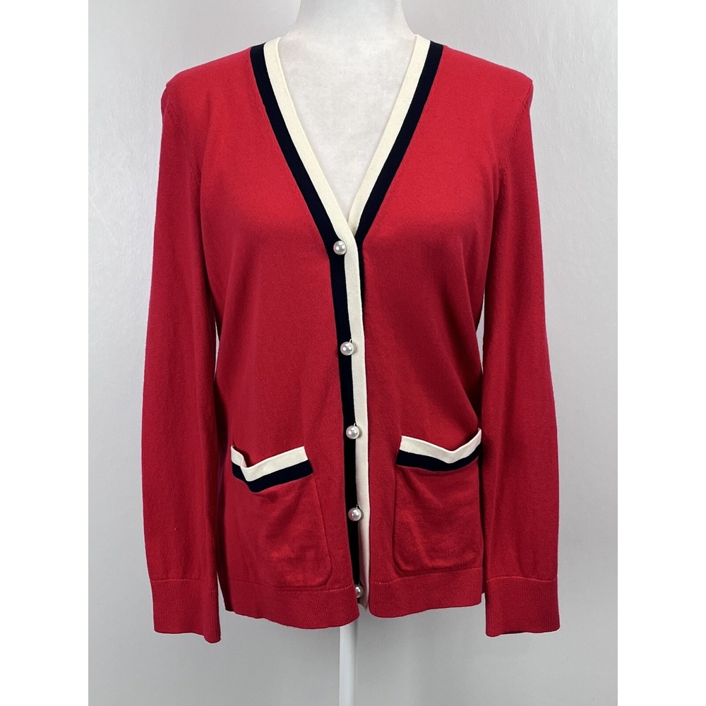 Talbots Cardigan Sweater Sz Medium Petite Red Pearl Buttons Vneck Classic